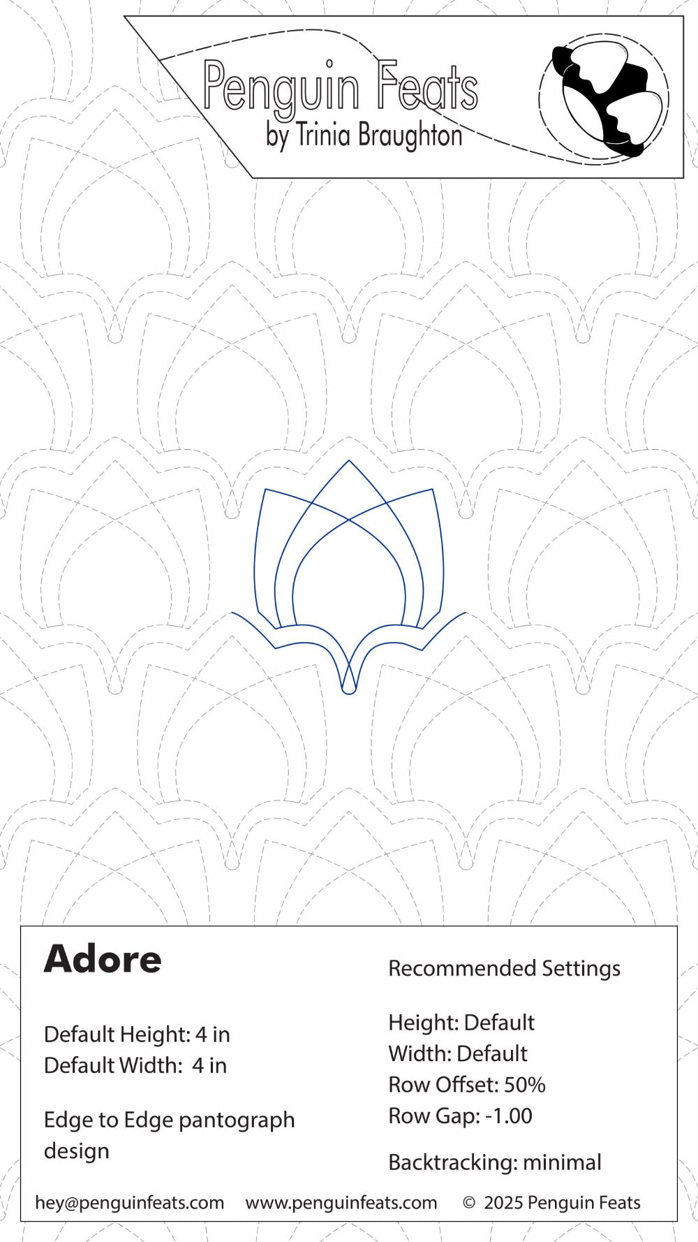 Design info sheet for 'Adore' pattern by Penguin Feats with geometric design and branding information.