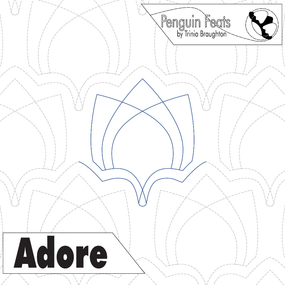 Outline of a penguin design with 'Penguin Feats' branding and 'Adore' text on a white background.