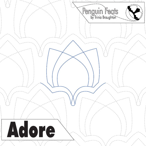 Outline of a penguin design with 'Penguin Feats' branding and 'Adore' text on a white background.