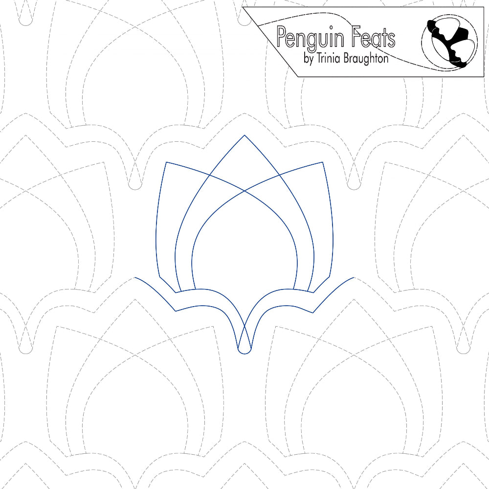 Continuous line design in blue of crown like tulip with 'Penguin Feats by Trinia Braughton' branding.