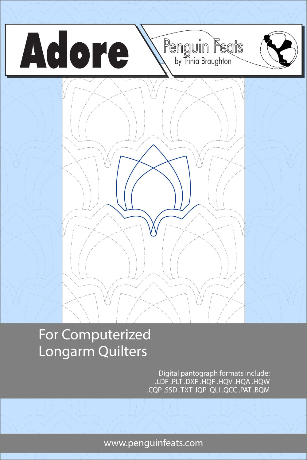 Quilting design sheet for computerized longarm quilters with a blue and gray design on a light blue background.
