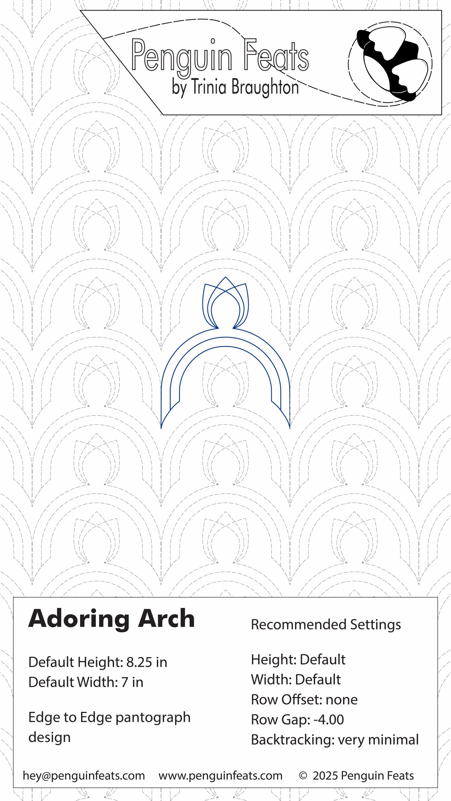 Design sheet for Adoring Arch quilting pattern with settings and branding at the top