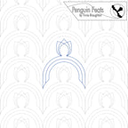Continuous line design in blue with tulip at top of an arc in repeating pattern with  'Penguin Feats' branding.