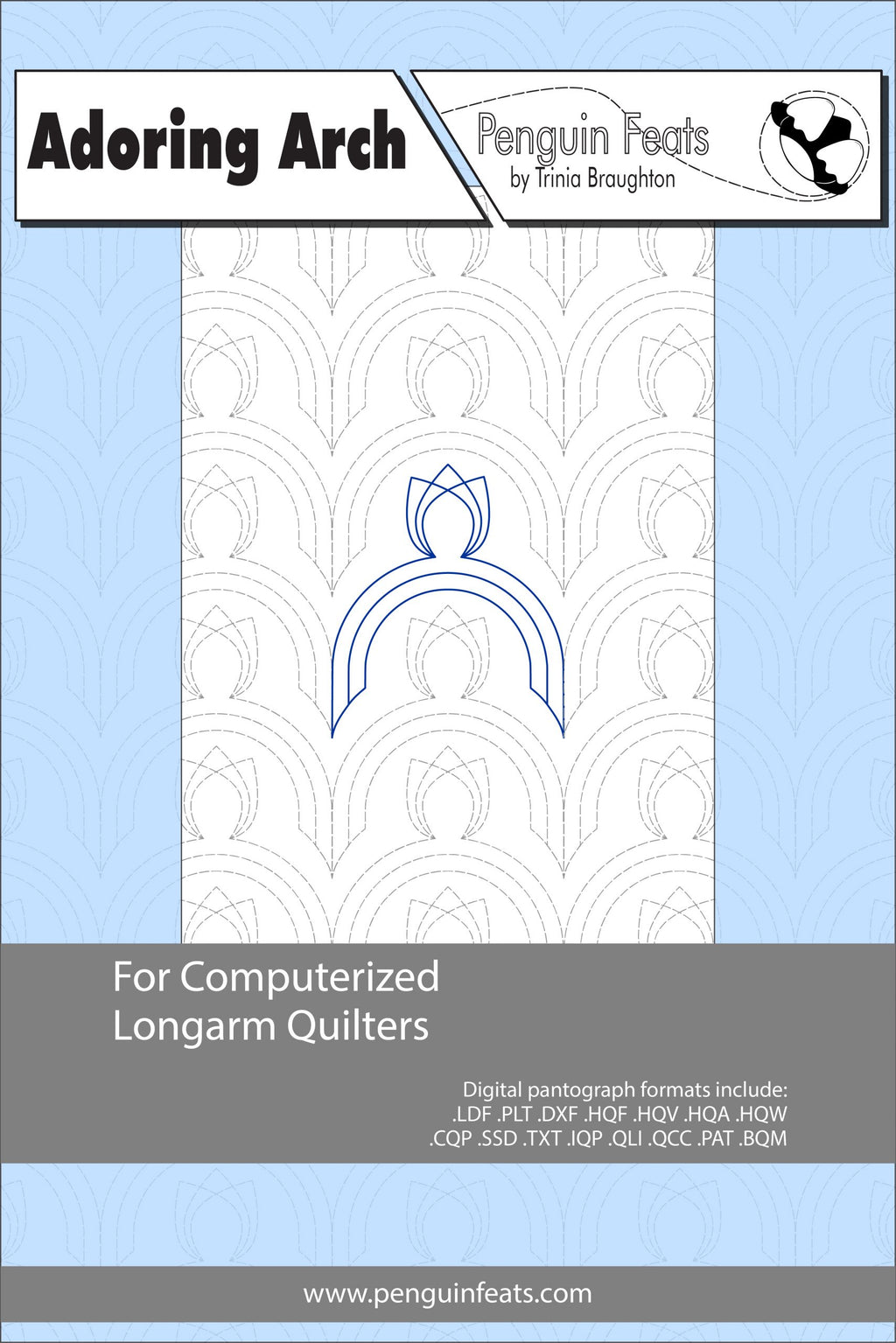 Quilting design sheet titled 'Adoring Arch' by Penguin Feats on a light blue background.