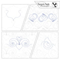 Quilting designs with heart and swirl patterns, branded 'Penguin Feats' by Trinia Braughton.
