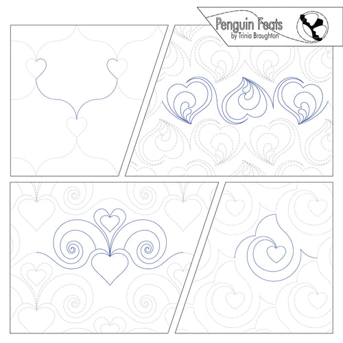 Quilting designs with heart and swirl patterns, branded 'Penguin Feats' by Trinia Braughton.