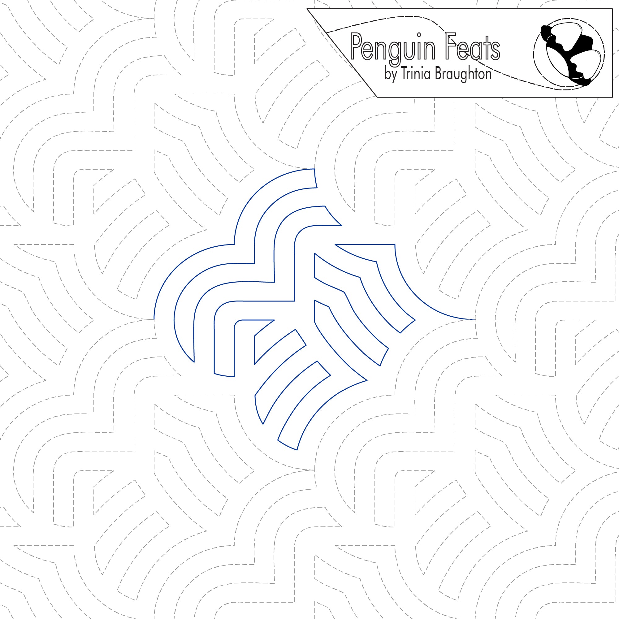 Quilting design with arching lines on a white background, featuring the 'Penguin Feats' design by Trinia Braughton.