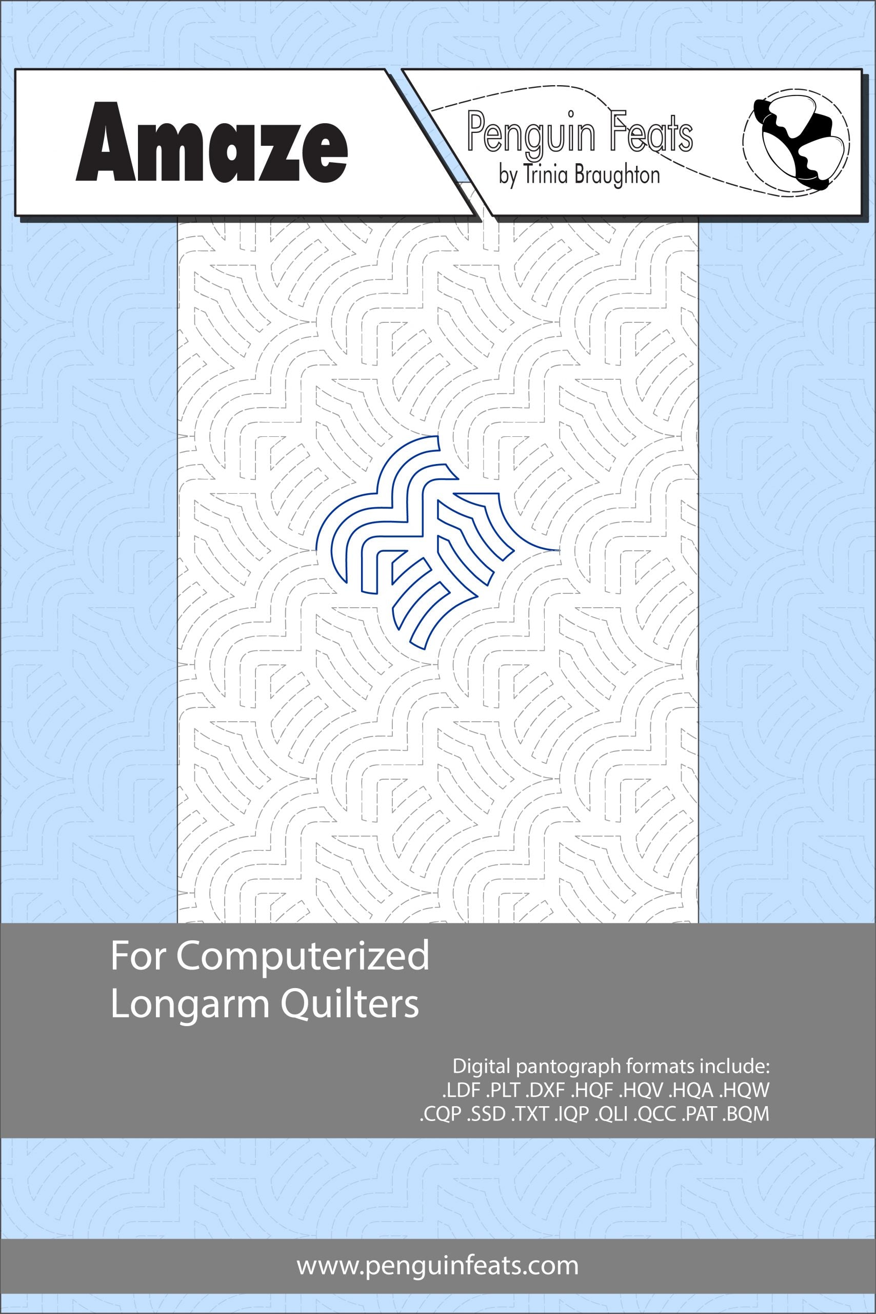 Pattern sheet for computerized longarm quilters with a geometric design on a light blue background.