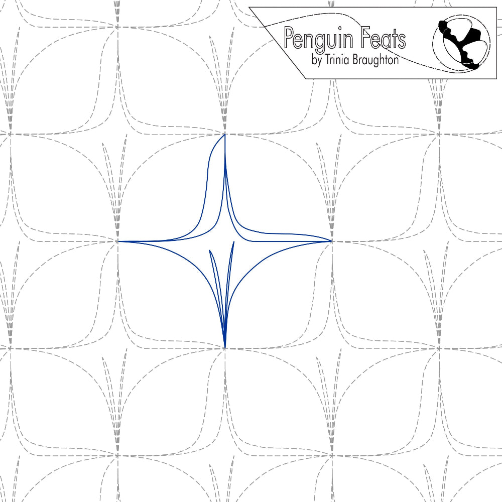 Longarm quilting design with circular patterns resembling pineapple skin texture in a blue line , featuring 'Penguin Feats' by Trinia Braughton.