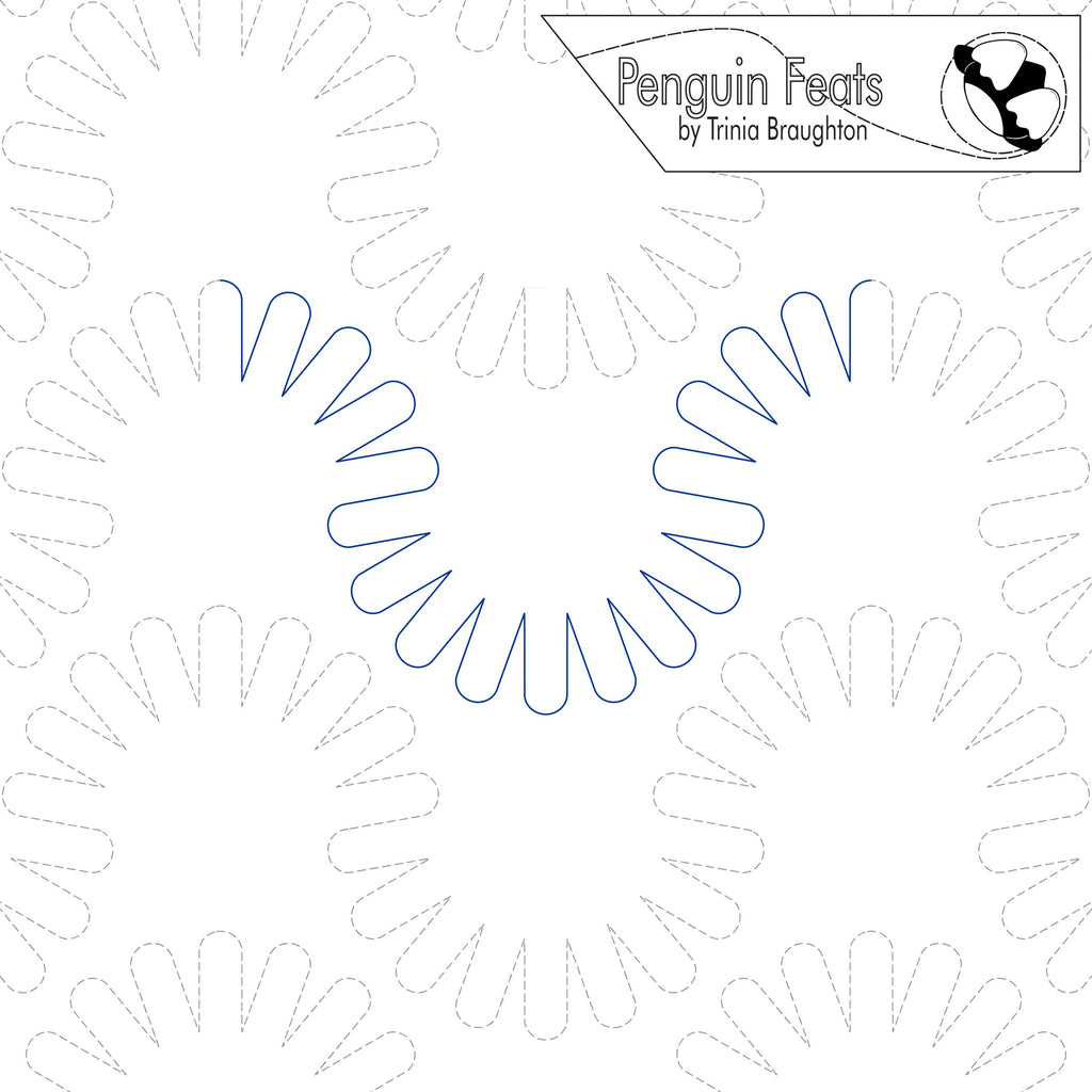 Pattern design with blue and white shapes on a white background, featuring the 'Penguin Feats' logo.