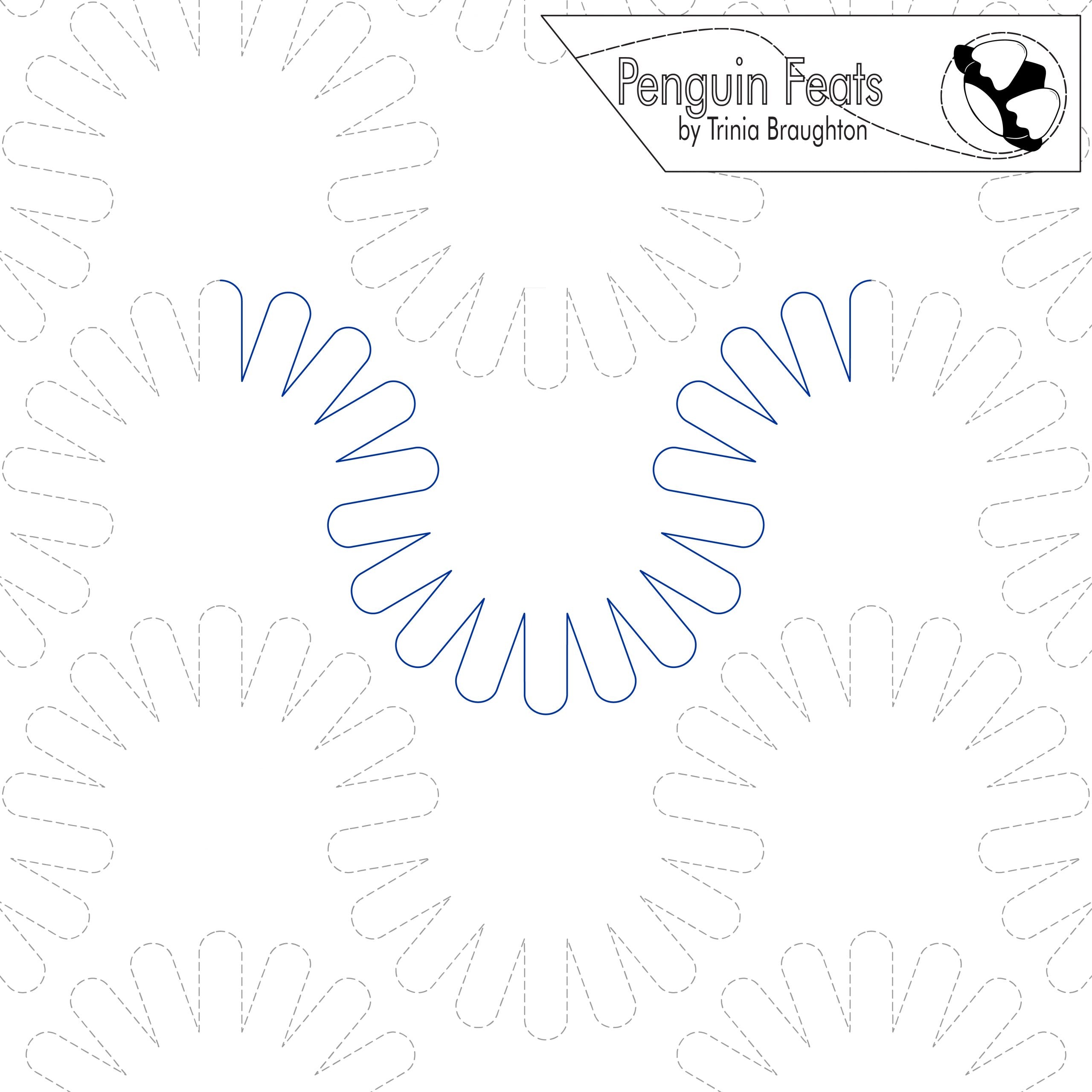 Pattern design with blue and white shapes on a white background, featuring the 'Penguin Feats' logo.