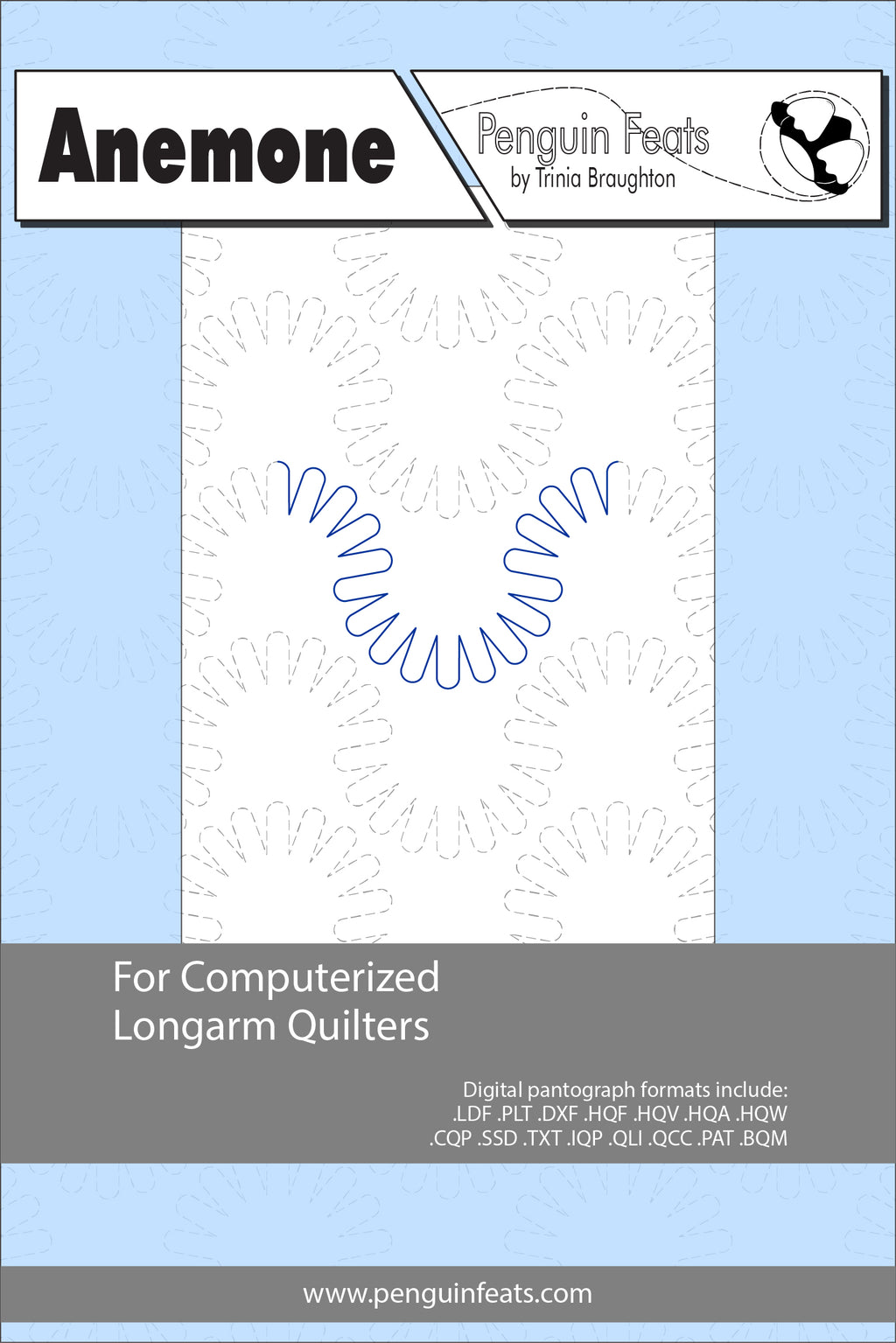 Design sheet for computerized longarm quilters with branding and product details.