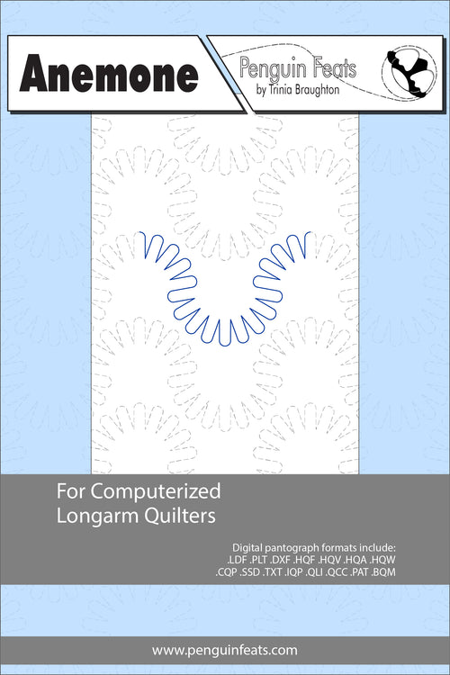 Design sheet for computerized longarm quilters with branding and product details.
