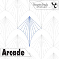 Design of a kite with geometric patterns on a white background, featuring the brand 'Penguin Feats' and the word 'Arcade'.