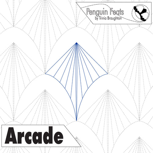 Design of a kite with geometric patterns on a white background, featuring the brand 'Penguin Feats' and the word 'Arcade'.