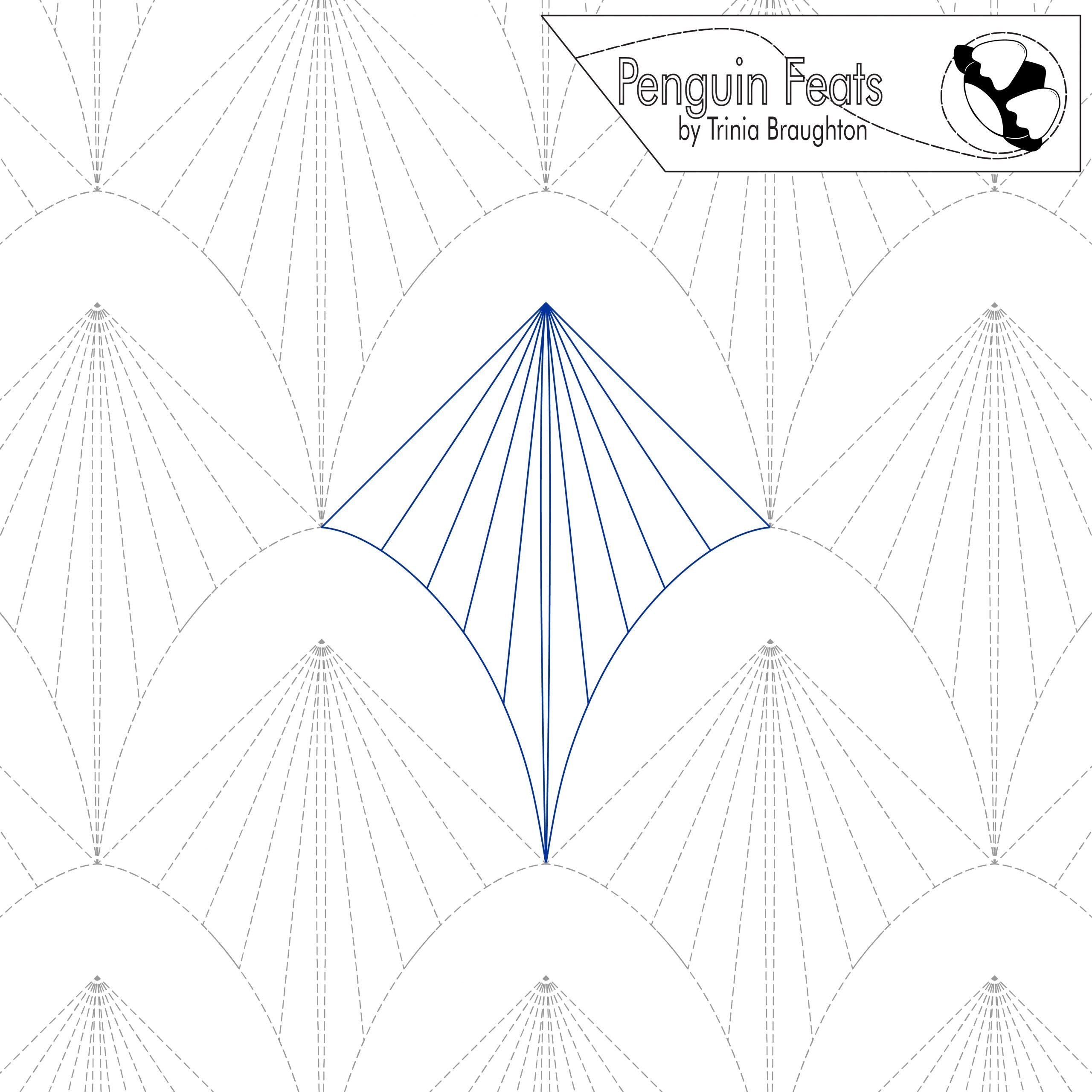 Geometric design with spider webs and a blue triangle, featuring 'Penguin Feats'