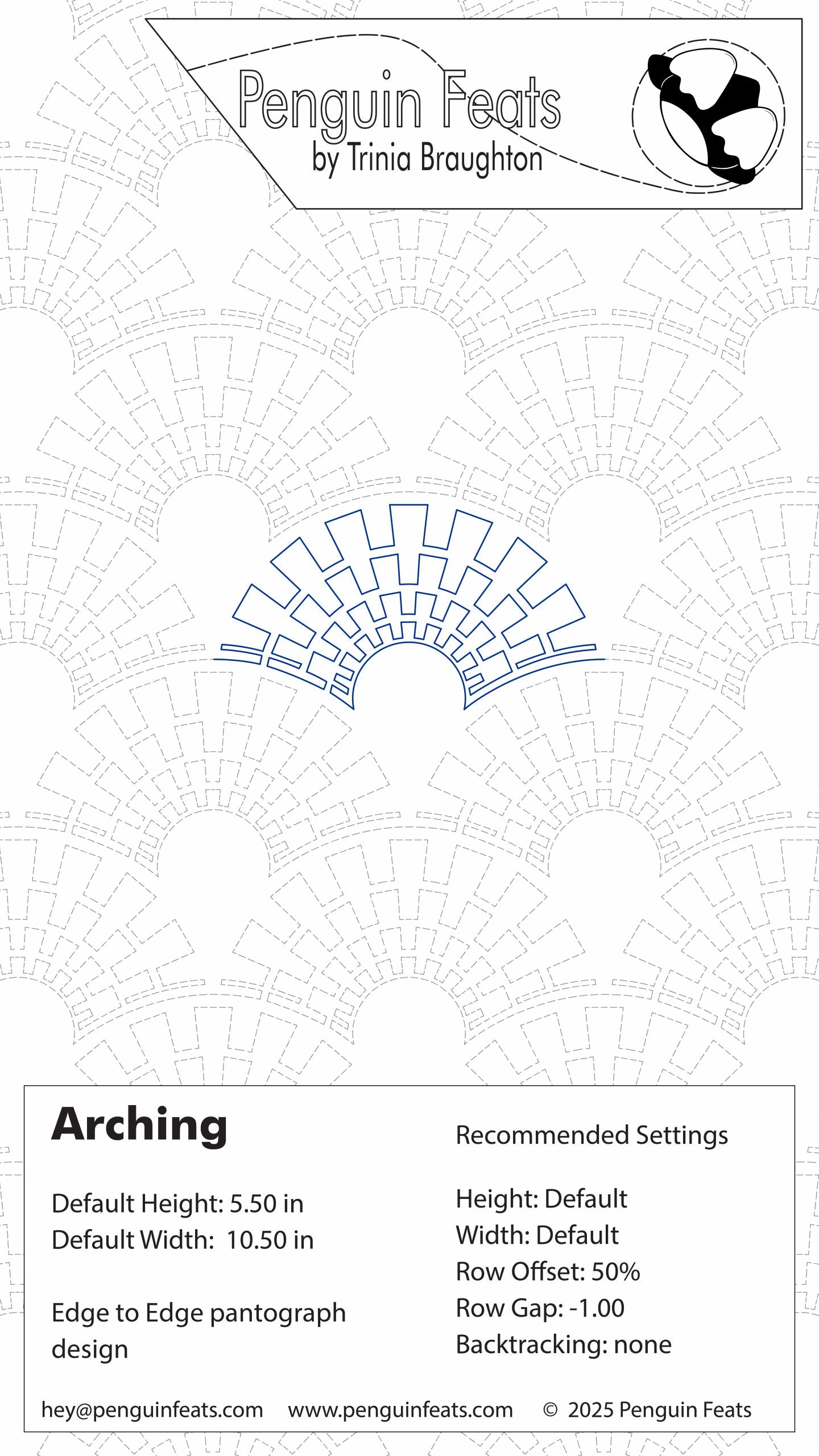 Penguin Feats arching design with recommended settings on a white background