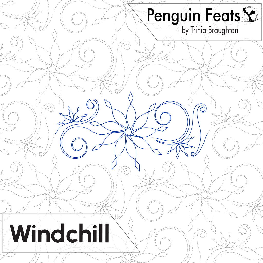 Digital preview of a quilting pattern Windchill from 'Penguin Feats by Trinia Braughton' . The image shows a blue line-art outline of a stylized snowflake and swirl motif in the center, with a white background patterned with faint gray dashed outlines of similar motifs.