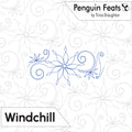 Digital preview of a quilting pattern Windchill from 'Penguin Feats by Trinia Braughton' . The image shows a blue line-art outline of a stylized snowflake and swirl motif in the center, with a white background patterned with faint gray dashed outlines of similar motifs.