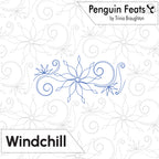 Digital preview of a quilting pattern Windchill from 'Penguin Feats by Trinia Braughton' . The image shows a blue line-art outline of a stylized snowflake and swirl motif in the center, with a white background patterned with faint gray dashed outlines of similar motifs.