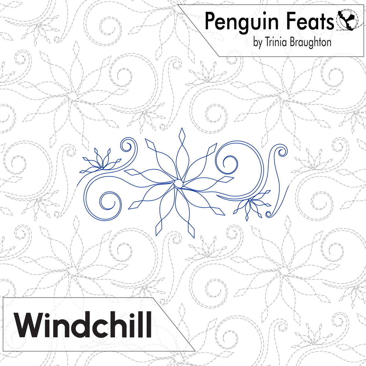 Digital preview of a quilting pattern Windchill from 'Penguin Feats by Trinia Braughton' . The image shows a blue line-art outline of a stylized snowflake and swirl motif in the center, with a white background patterned with faint gray dashed outlines of similar motifs.