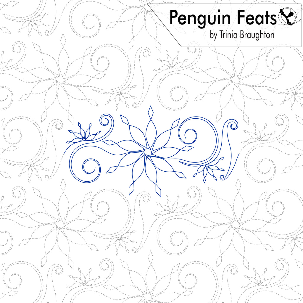 A digital preview of a quilting pattern titled 'Penguin Feats' by Trinia Braughton. The design features a central blue line-art snowflake motif with swirling details, surrounded by a repeating background of gray dashed snowflake and swirl patterns on a white canvas.
