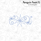 A digital preview of a quilting pattern titled 'Penguin Feats' by Trinia Braughton. The design features a central blue line-art snowflake motif with swirling details, surrounded by a repeating background of gray dashed snowflake and swirl patterns on a white canvas.