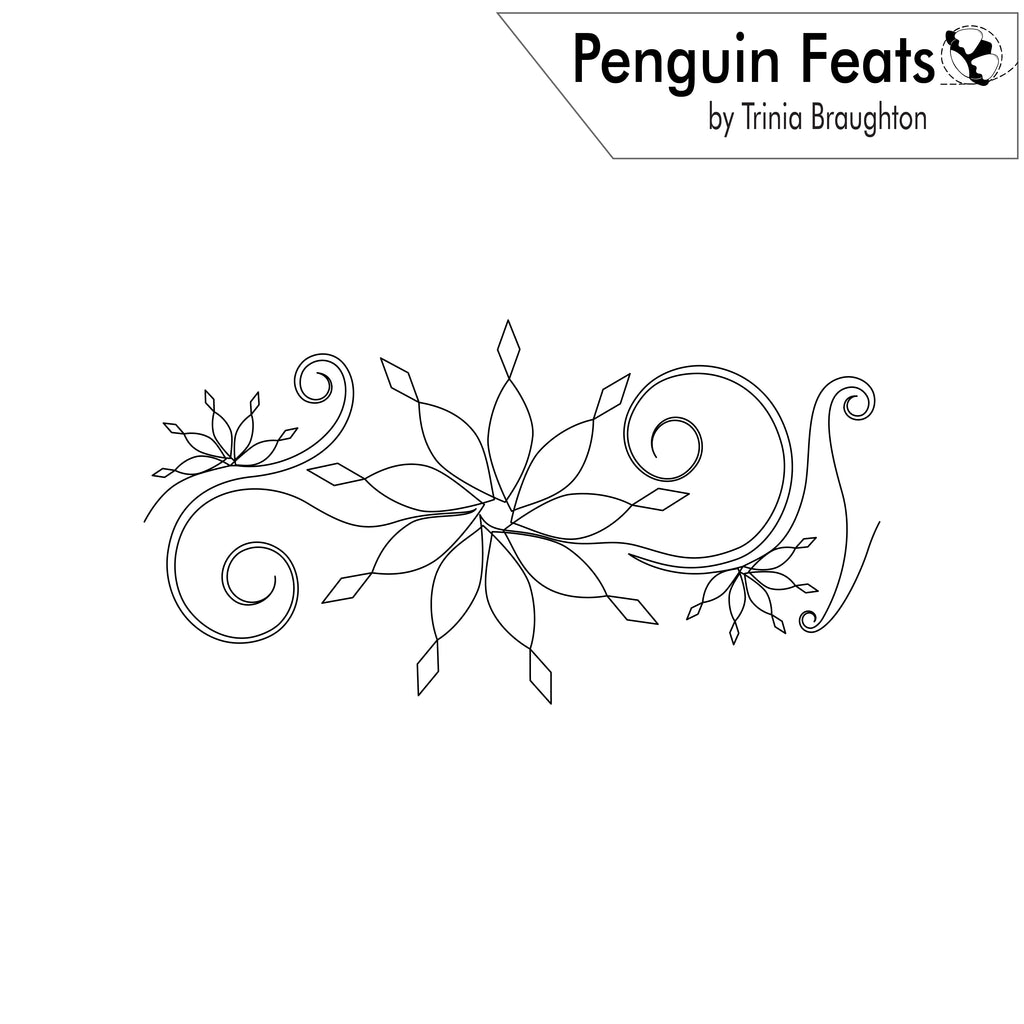 Black line art design featuring a central Snowflake motif with swirling decorative elements on both sides, shown on a white background with a label reading 'Penguin Feats by Trinia Braughton' in the top right.
