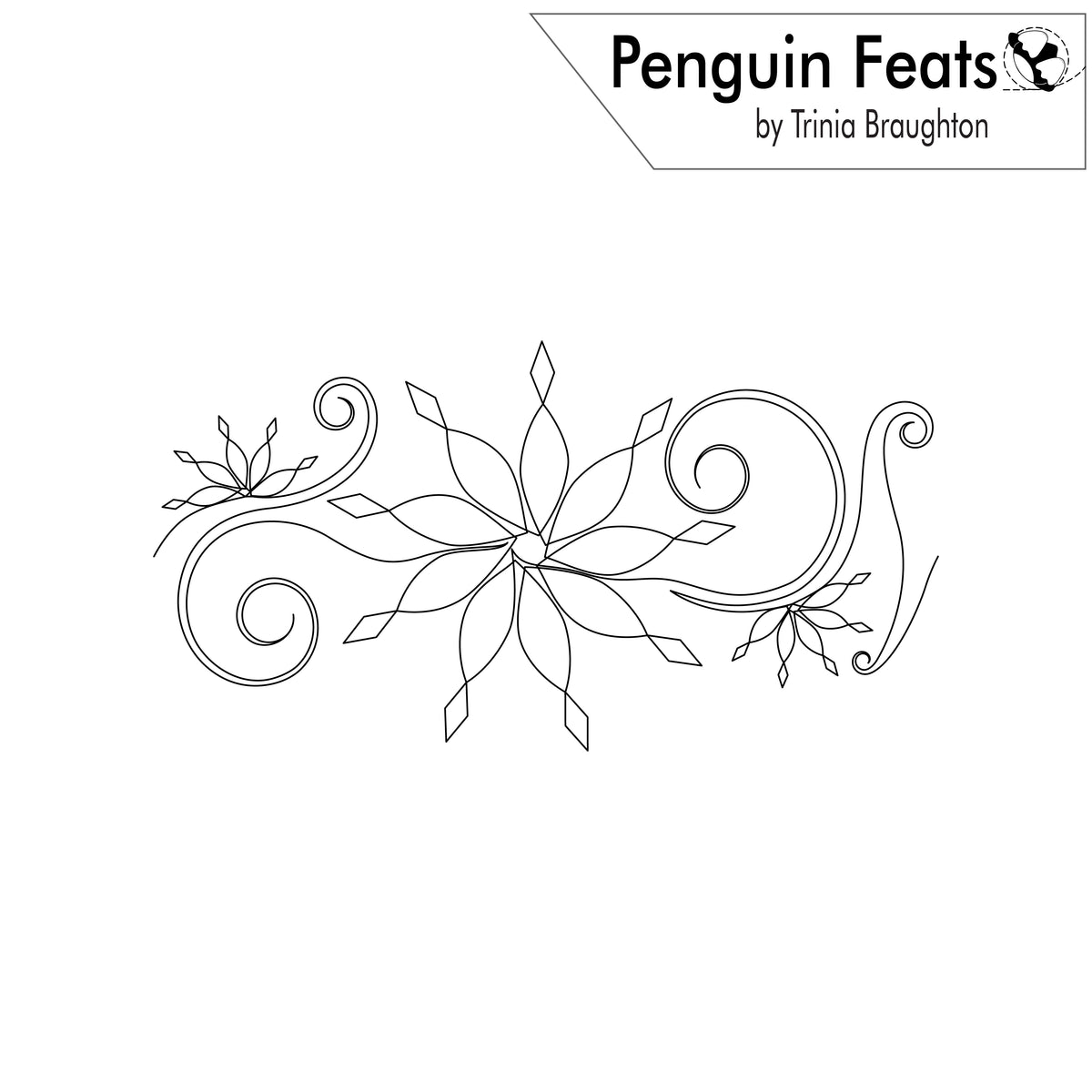 Black line art design featuring a central Snowflake motif with swirling decorative elements on both sides, shown on a white background with a label reading 'Penguin Feats by Trinia Braughton' in the top right.
