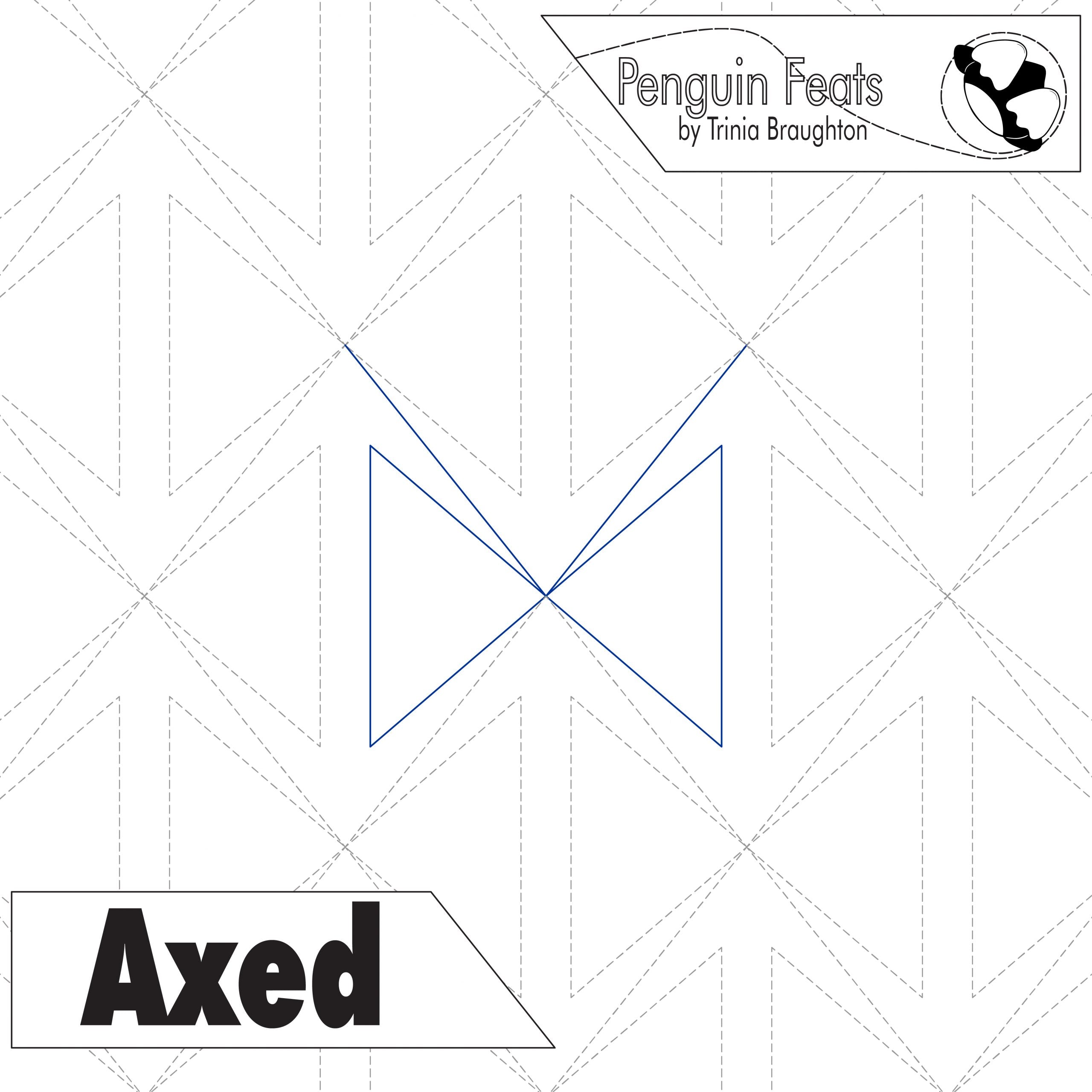 Quilting design with geometric pattern and 'Axed' text on a white background