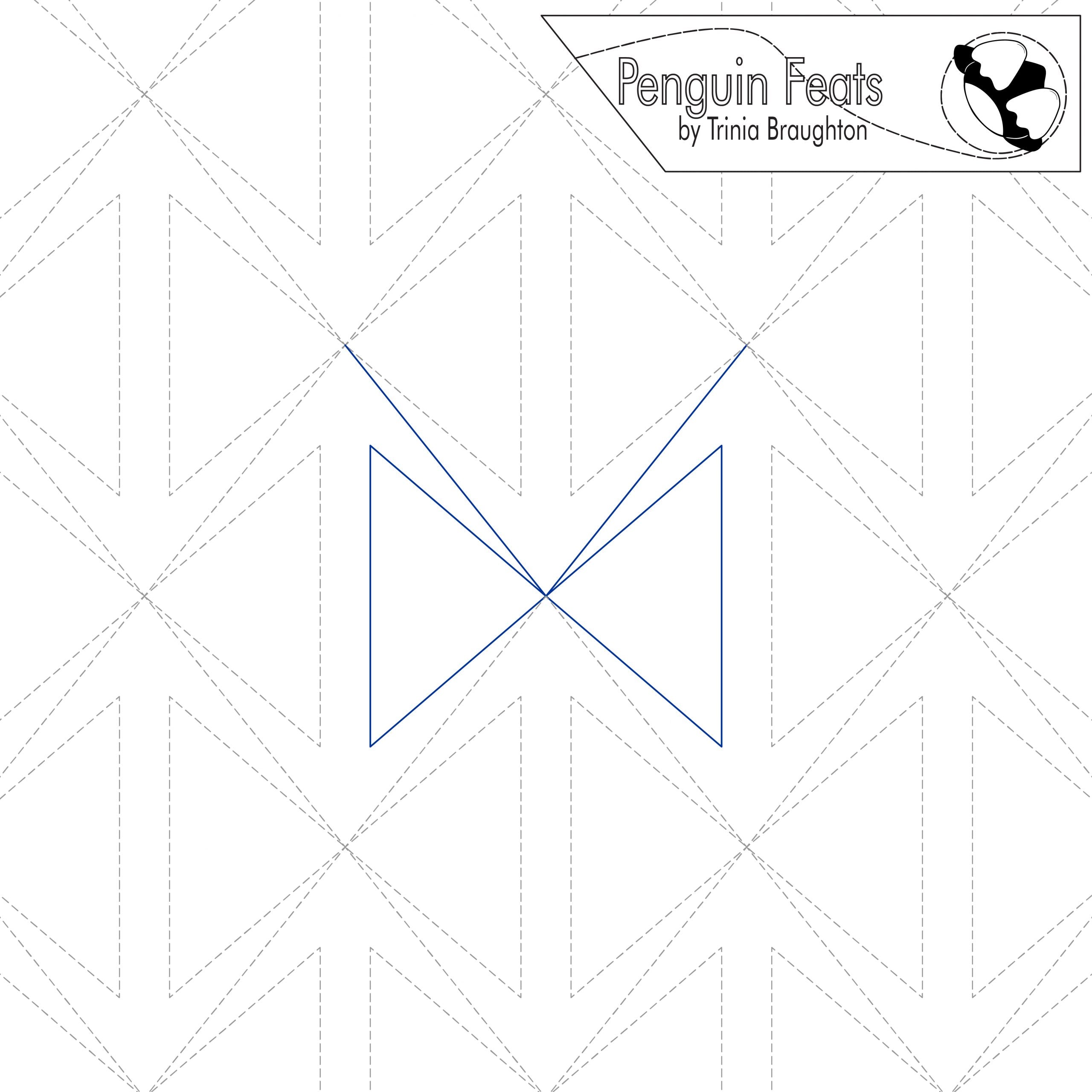 Quilting design with geometric shapes and 'Penguin Feats' branding.