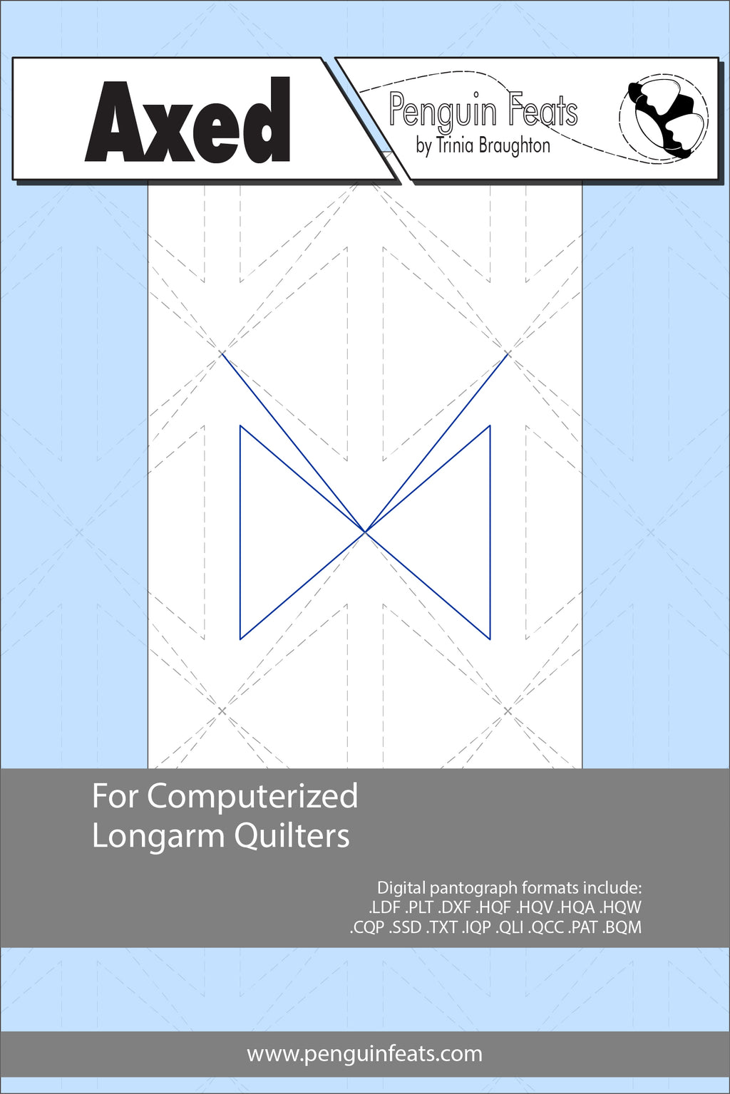 Design sheet for computerized longarm quilters with 'Axed' design on a blue background.