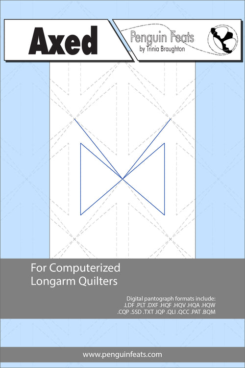 Design sheet for computerized longarm quilters with 'Axed' design on a blue background.