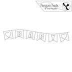 Black and white line drawing of a 'BABY' banner with heart symbols, featuring the brand 'Penguin Feats'.