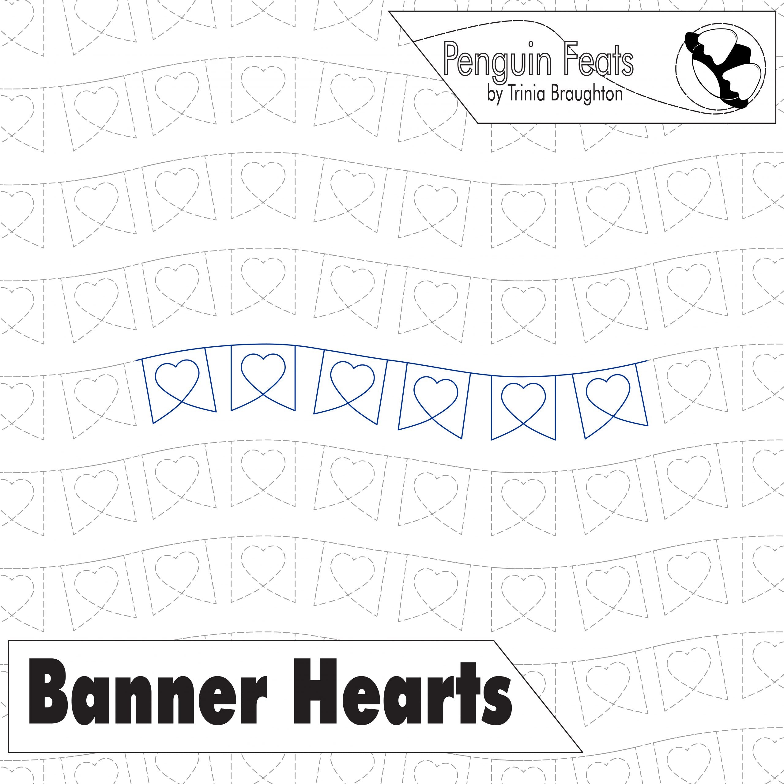 Quilting design banner hearts with 'Penguin Feats' branding at the top.