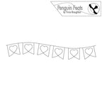 Black and white line drawing of a heart-shaped banner with 'Penguin Feats' logo at the top.