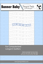 Pattern sheet titled 'Banner Baby' by Penguin Feats on a light blue background.