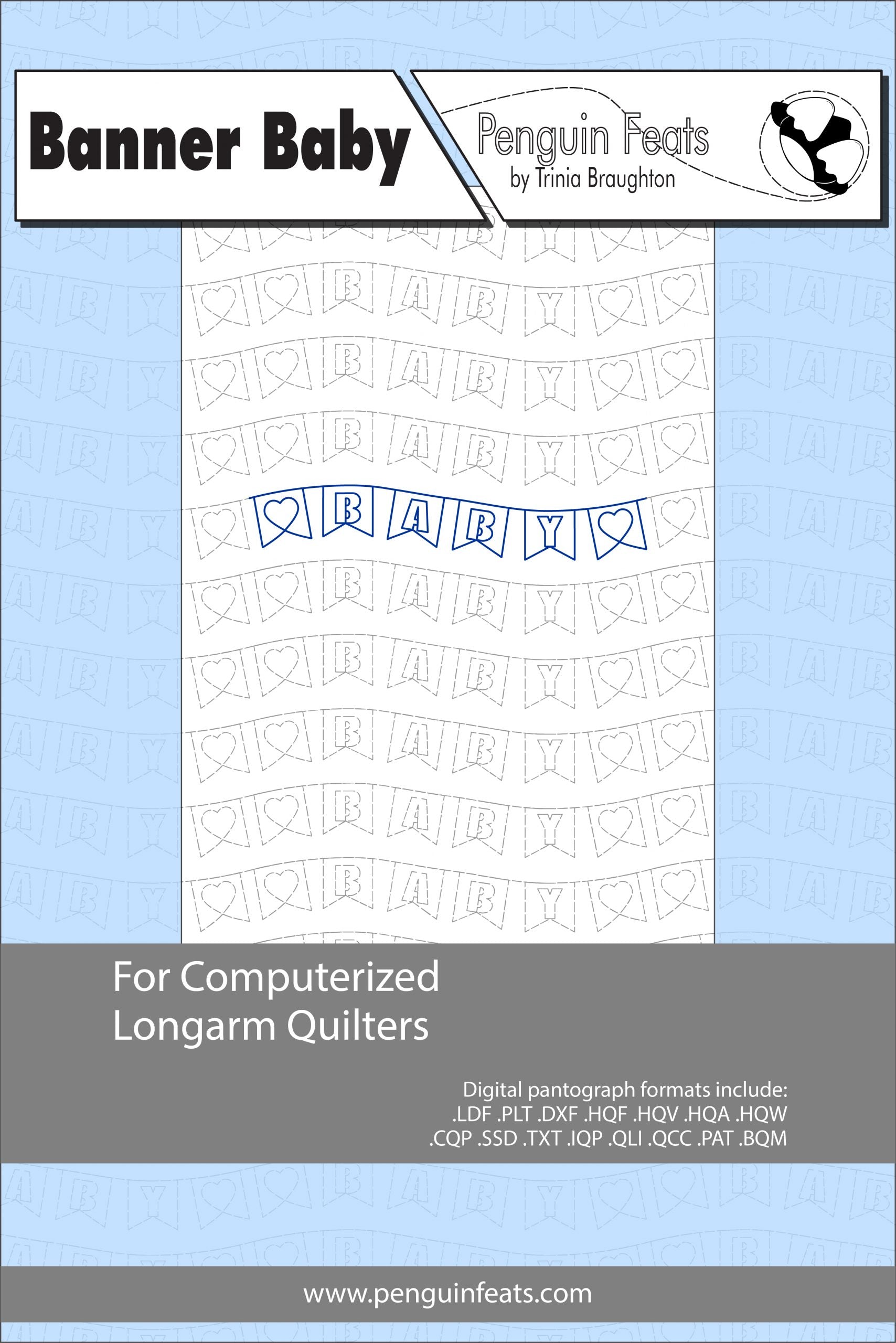 Pattern sheet titled 'Banner Baby' by Penguin Feats on a light blue background.
