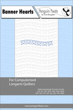 Quilting pattern sheet titled 'Banner Hearts' by Penguin Feats on a blue background