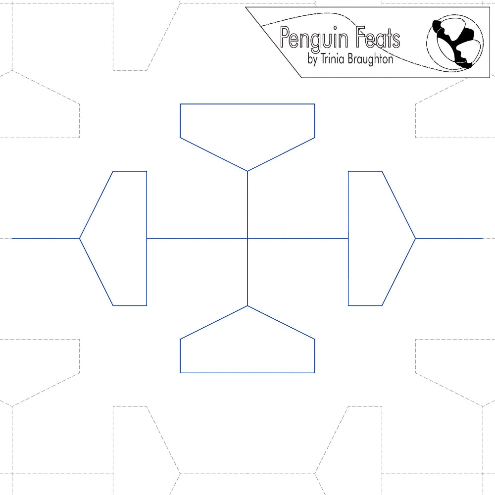 Continuous line design in blue of geometric shapes and 'Penguin Feats by Trinia Braughton