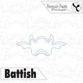 Outline of a bat with 'Penguin Feats' and 'Battish' text on a patterned background