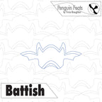 Outline of a bat with 'Penguin Feats' and 'Battish' text on a patterned background