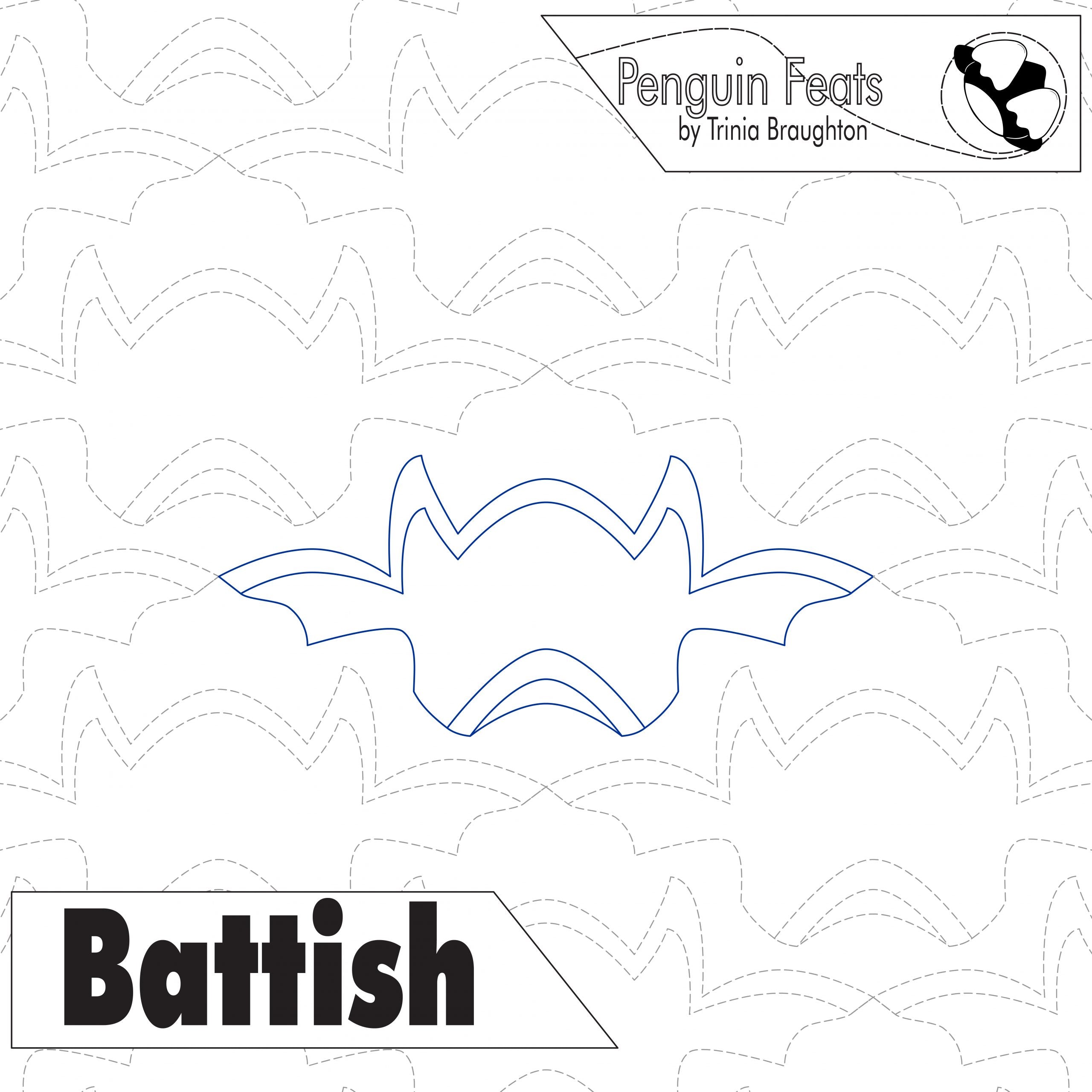 Outline of a bat with 'Penguin Feats' and 'Battish' text on a patterned background