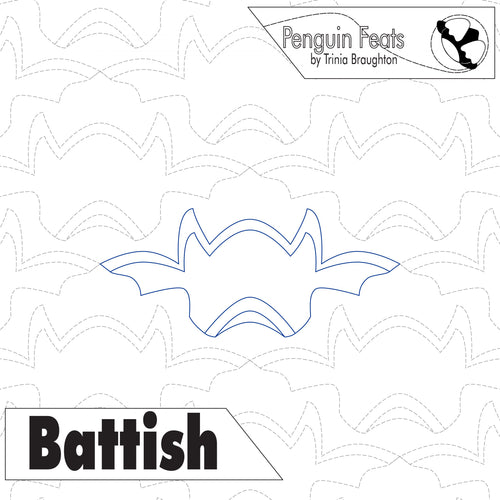Outline of a bat with 'Penguin Feats' and 'Battish' text on a patterned background