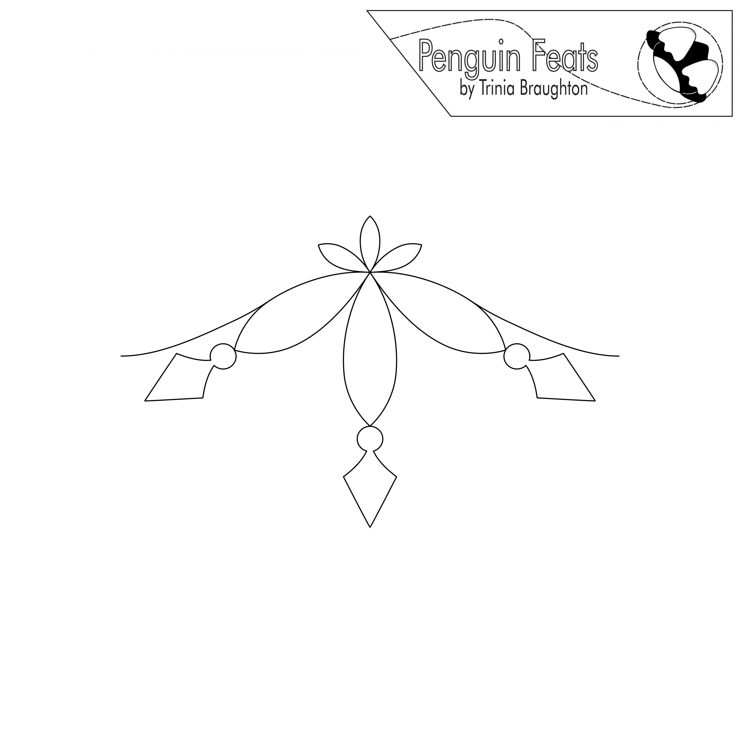 Black and white line drawing of a decorative item with 'Penguin Feats by Trinia Braughton' logo at the top.