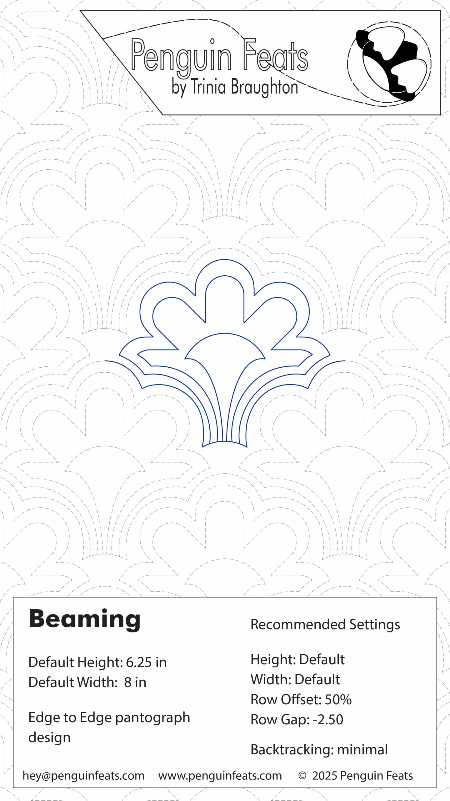 Penguin Feats by Trinia Braughton recommended settings for Beaming design on a white background