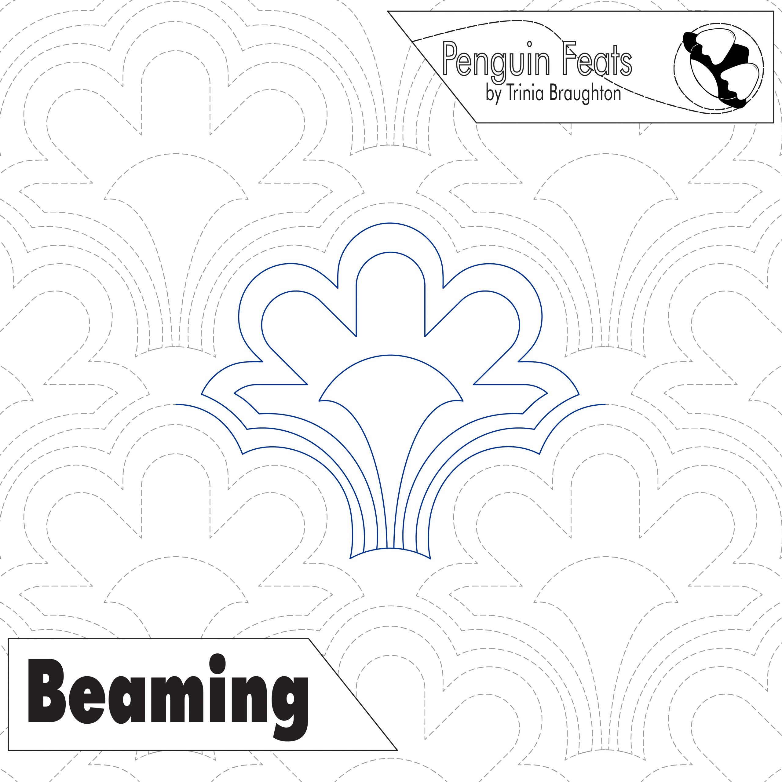 Quilting pantograph pattern with flower scalloped design and 'Penguin Feats' branding.