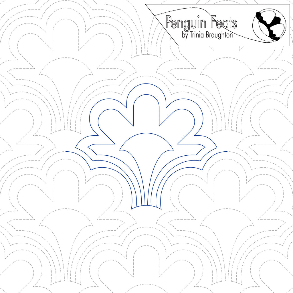 Continuous line pattern of a scalloped floral design and 'Penguin Feats' branding.