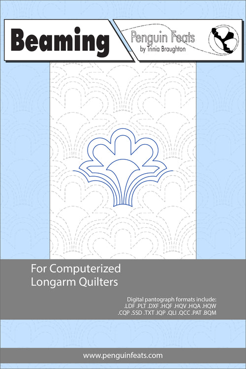 Beaming pattern sheet for computerized longarm quilters with a blue and gray design on a white background.