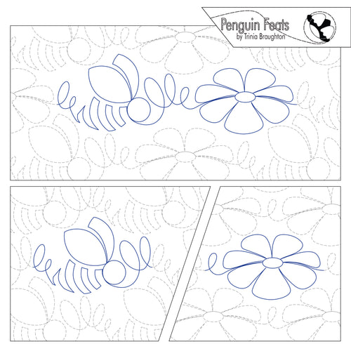 A quilting pattern diagram showing blue outline drawings of a bee and a flower over dashed quilting lines, with the brand name 'Penguin Feats by Trinia Braughton' in the top right corner.